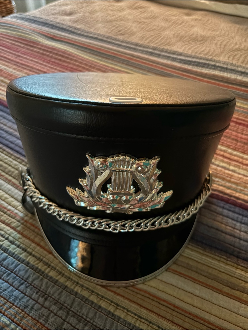 Black Leather Marching band -Styl Cap with Silver Hardware.  Great for costume!